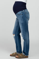 Blue Ripped Knee Straight Leg Maternity Jeans