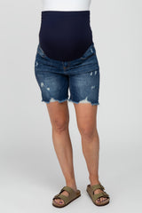 Navy Distressed Maternity Jean Shorts