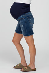 Navy Distressed Maternity Jean Shorts