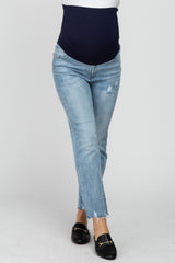 Light Blue Distressed Raw Hem Straight Maternity Jeans