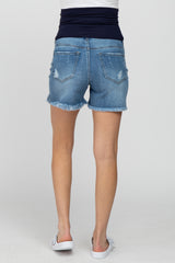 Blue Distressed Fringe Hem Maternity Jean Shorts