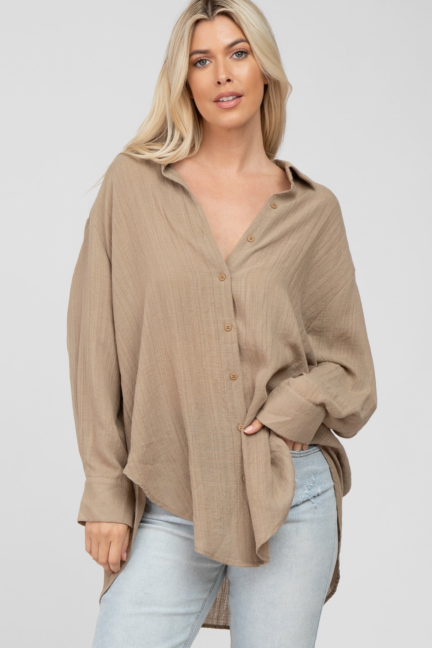 Mocha Lightweight Sheer Button Down Maternity Blouse– PinkBlush