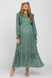 Green Ditsy Floral Ruffle Accent Maternity Maxi Dress