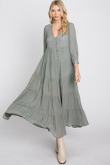 Light Olive Button Front Tiered Maxi Dress