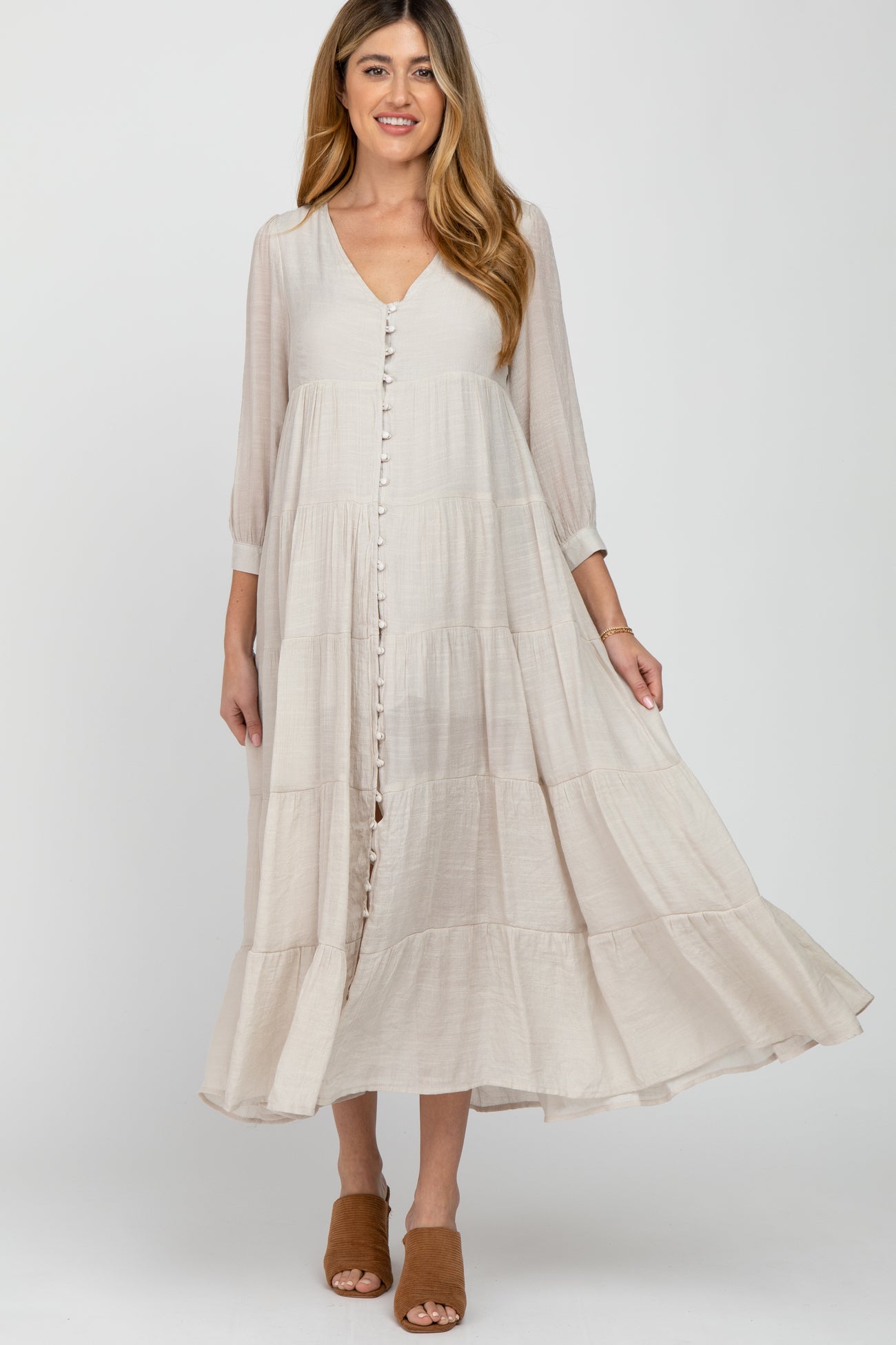 Ivory Button Front Tiered Maternity Maxi Dress– PinkBlush