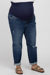 Navy Distressed Rolled Cuff Maternity Plus Skinny Jeans