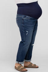 Navy Distressed Rolled Cuff Maternity Plus Skinny Jeans