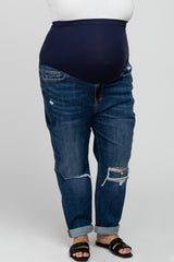 Navy Blue Ripped Knee Rolled Hem Maternity Plus Jeans