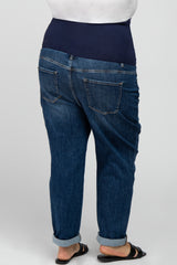 Navy Blue Ripped Knee Rolled Hem Maternity Plus Jeans