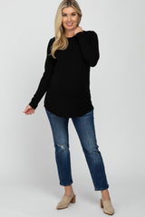 Black Ribbed Long Sleeve Curved Hem Maternity Top