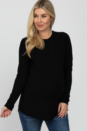 Black Ribbed Long Sleeve Curved Hem Maternity Top