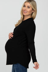 Black Ribbed Long Sleeve Curved Hem Maternity Top