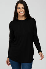 Black Ribbed Long Sleeve Curved Hem Maternity Top