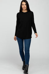 Black Ribbed Long Sleeve Curved Hem Top