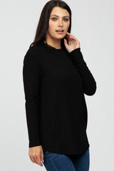 Black Ribbed Long Sleeve Curved Hem Top