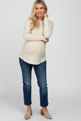 Beige Ribbed Long Sleeve Curved Hem Maternity Top