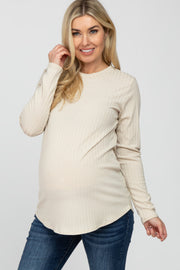 Beige Ribbed Long Sleeve Curved Hem Maternity Top