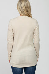 Beige Ribbed Long Sleeve Curved Hem Maternity Top