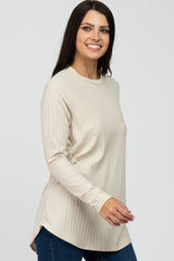 Beige Ribbed Long Sleeve Curved Hem Top