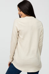 Beige Ribbed Long Sleeve Curved Hem Top