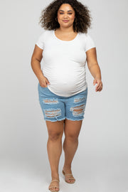 Light Blue Distressed Frayed Hem Maternity Plus Shorts