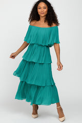 Jade Solid Off Shoulder Pleated Ruffle Maternity Midi Dress