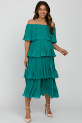 Jade Solid Off Shoulder Pleated Ruffle Maternity Midi Dress