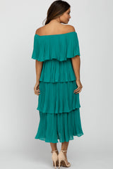 Jade Solid Off Shoulder Pleated Ruffle Maternity Midi Dress