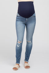 Blue Distressed Fringe Hem Maternity Skinny Jeans