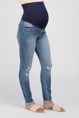 Blue Distressed Fringe Hem Maternity Skinny Jeans