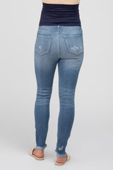 Blue Distressed Fringe Hem Maternity Skinny Jeans