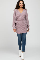 Mauve Fuzzy Tie Front Wrap Maternity Top