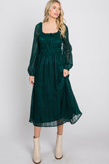 Forest Green Long Sleeve Smocked Bodice  Midi Dress