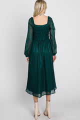 Forest Green Long Sleeve Smocked Bodice  Midi Dress