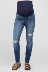 Blue Distressed Knee Cropped Maternity Skinny Jeans