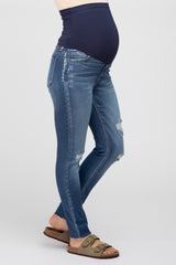 Blue Distressed Knee Cropped Maternity Skinny Jeans