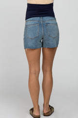 Blue Distressed Raw Hem Maternity Jean Shorts