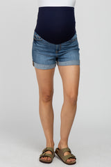 Blue Cuffed Denim Maternity Shorts