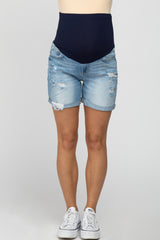 Light Blue Distressed Cuffed Maternity Jean Shorts