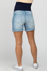 Light Blue Distressed Cuffed Maternity Jean Shorts