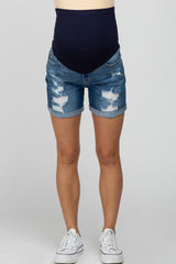 Blue Distressed Cuffed Maternity Denim Shorts