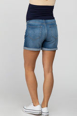 Blue Distressed Cuffed Maternity Denim Shorts