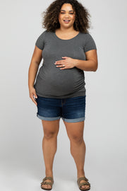 Navy Blue Cuffed Hem Maternity Plus Denim Shorts