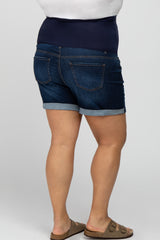 Navy Blue Cuffed Hem Maternity Plus Denim Shorts