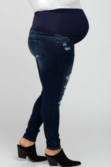 Navy Blue Distressed Cropped Maternity Plus Jeans