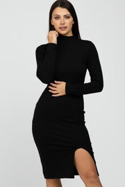 Black Ribbed Mock Neck Front Slit Dress