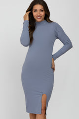 Light Blue Ribbed Mock Neck Front Slit Maternity Dress