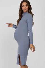 Light Blue Ribbed Mock Neck Front Slit Maternity Dress