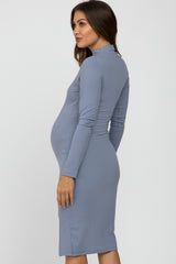 Light Blue Ribbed Mock Neck Front Slit Maternity Dress