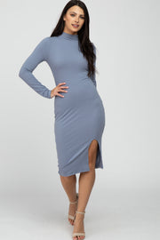 Light Blue Ribbed Mock Neck Front Slit Dress